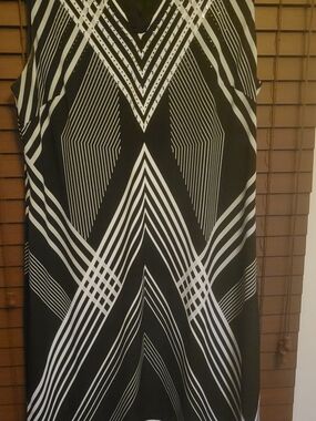 JM Collection Black and White Geometric Midi With Silver Embellishment Dress